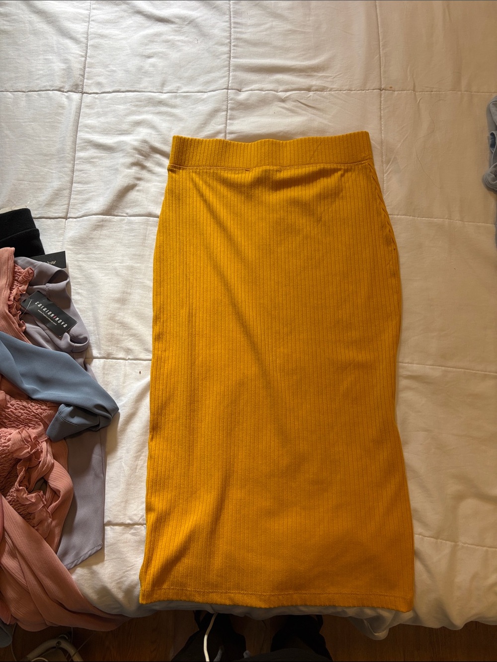 Ribbed Knit Midi Skirt in Mustard Yellow